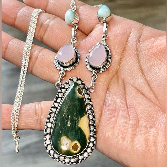 Rainforest Jasper, Chalcedony & DR Larimar Pendant Necklace - Picture 1 of 12